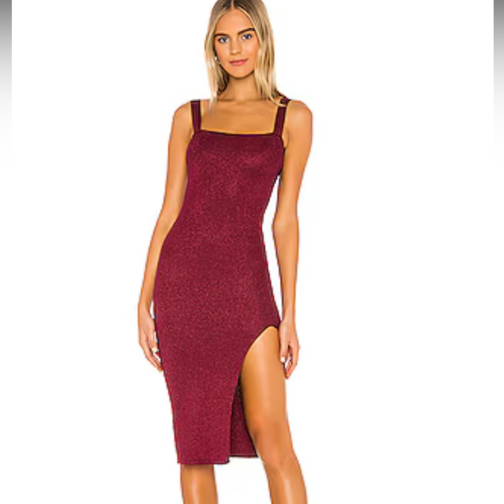 SUPERDOWN Zoe Square Neck Dress in Metallic Burgundy